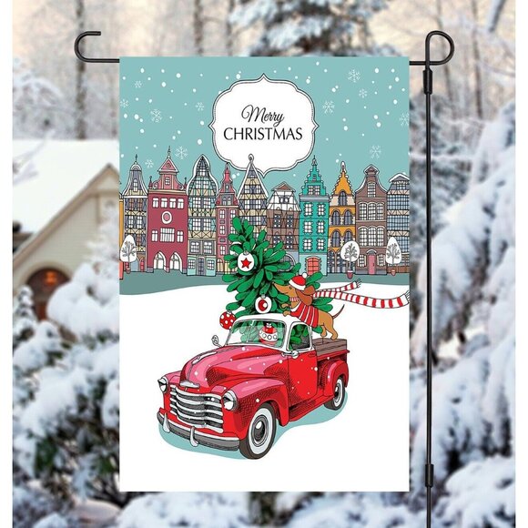 Merry Christmas Double 2 Sided Garden Flag with Dachshund Dog in Red Truck NEW - Picture 3 of 7